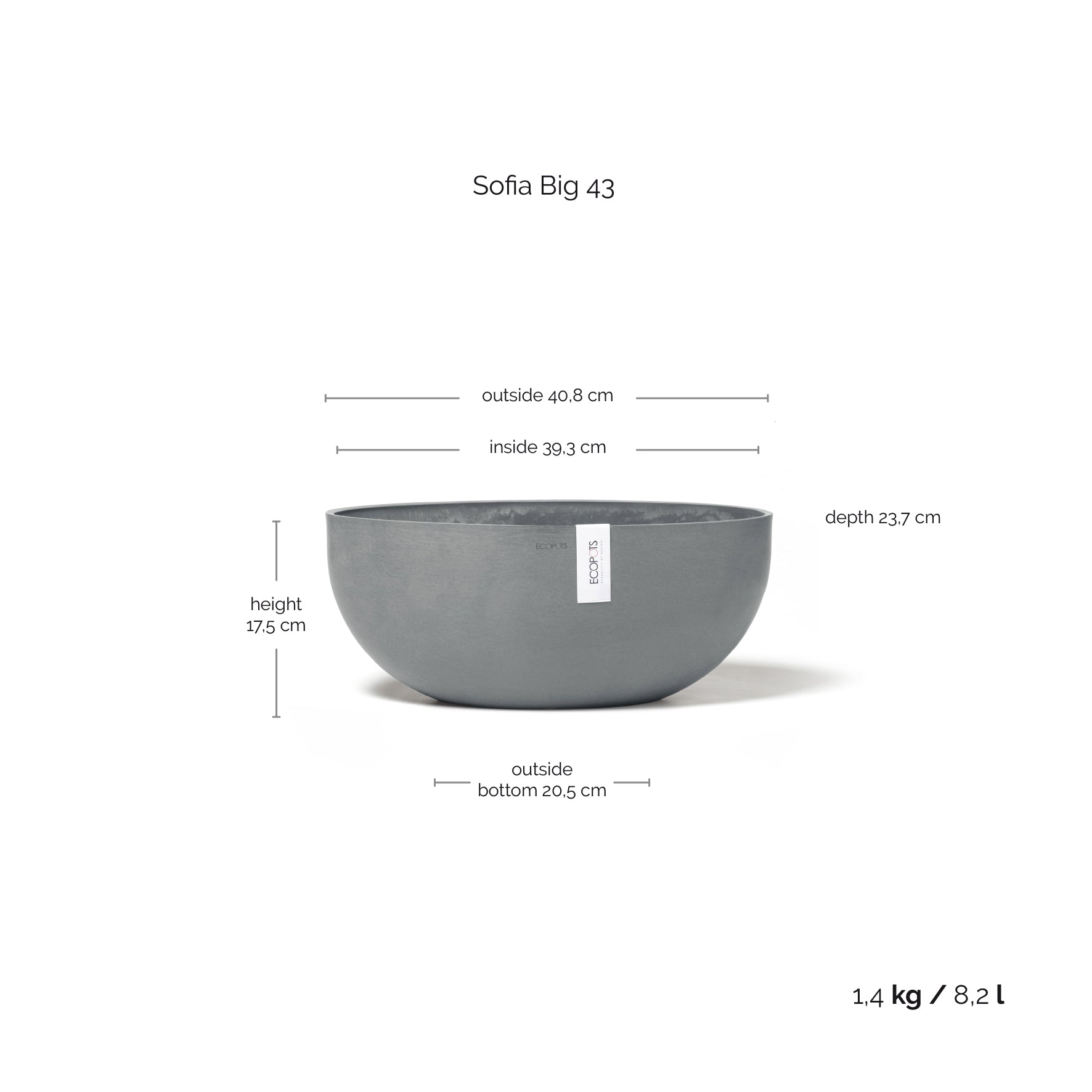 Kukkaruukku - Ecopots - Kukkaruukku Sofia 43cm siniharmaa - Ecopots - Uuden aikakauden kukkaruukku kierrätysmateriaalista