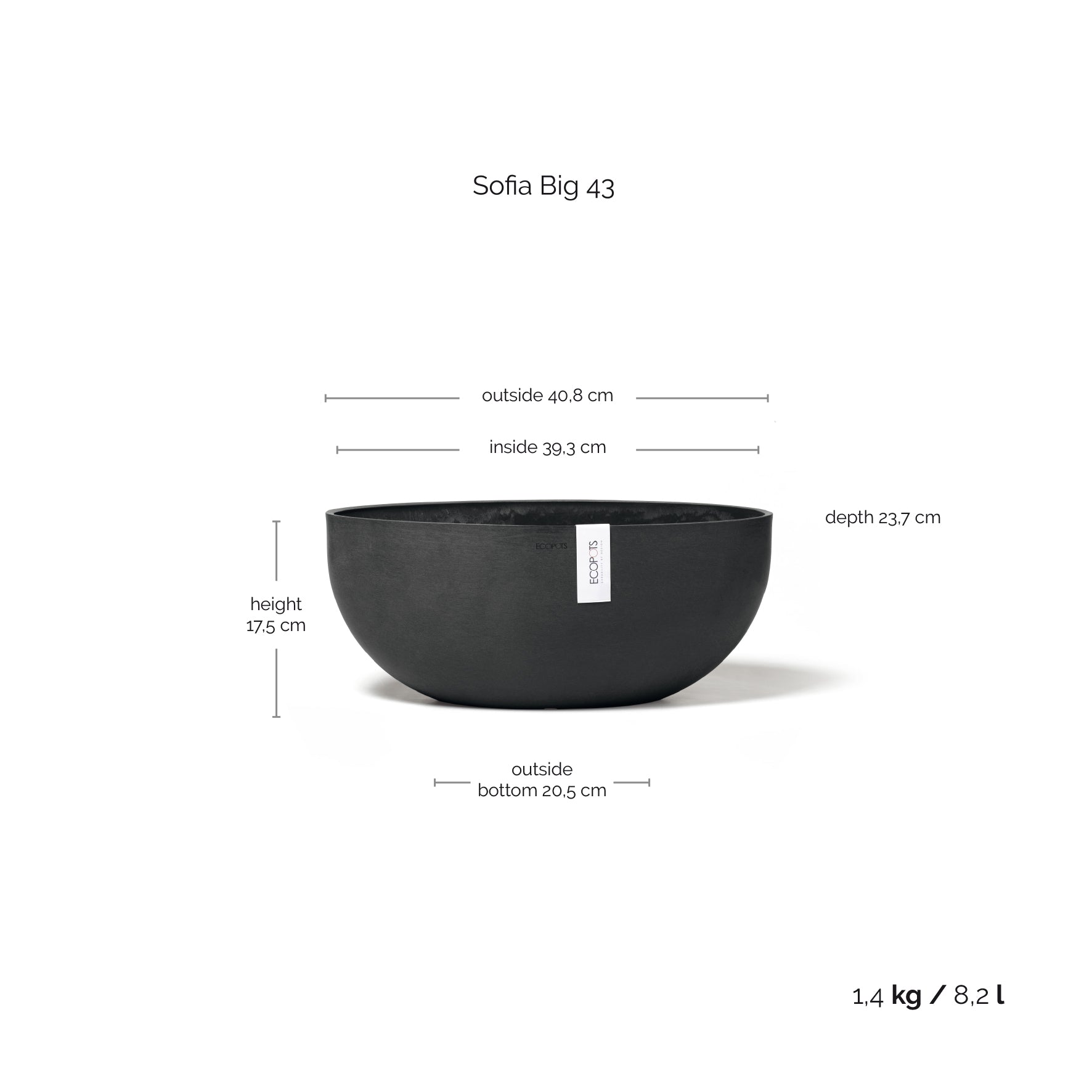 Kukkaruukku - Ecopots - Kukkaruukku Sofia 43cm tummanharmaa - Ecopots - Uuden aikakauden kukkaruukku kierrätysmateriaalista