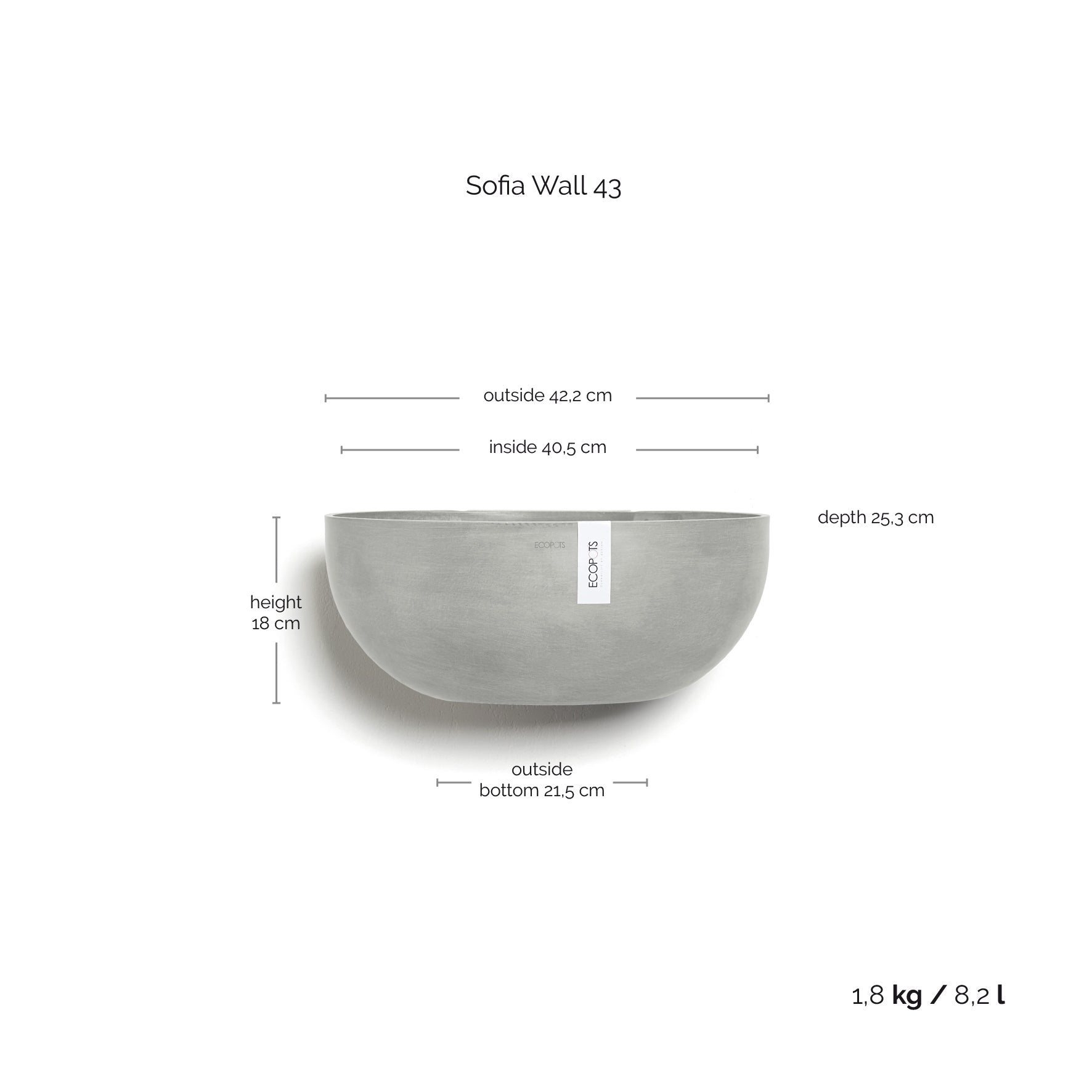 Kukkaruukku - Ecopots - Kukkaruukku Sofia seinälle 43cm valkoharmaa - Ecopots - Uuden aikakauden kukkaruukku kierrätysmateriaalista