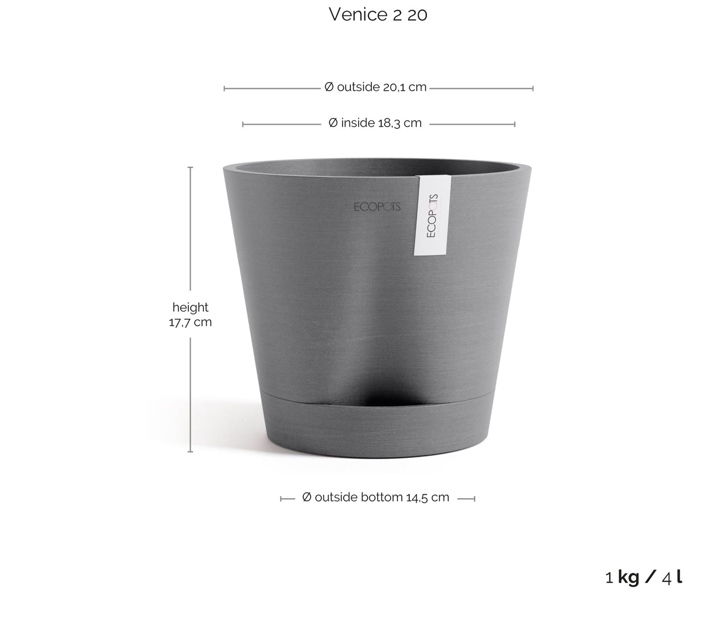 Kukkaruukku - Ecopots - Kukkaruukku Venetsia 2.0 20cm harmaa - Ecopots - Uuden aikakauden kukkaruukku kierrätysmateriaalista