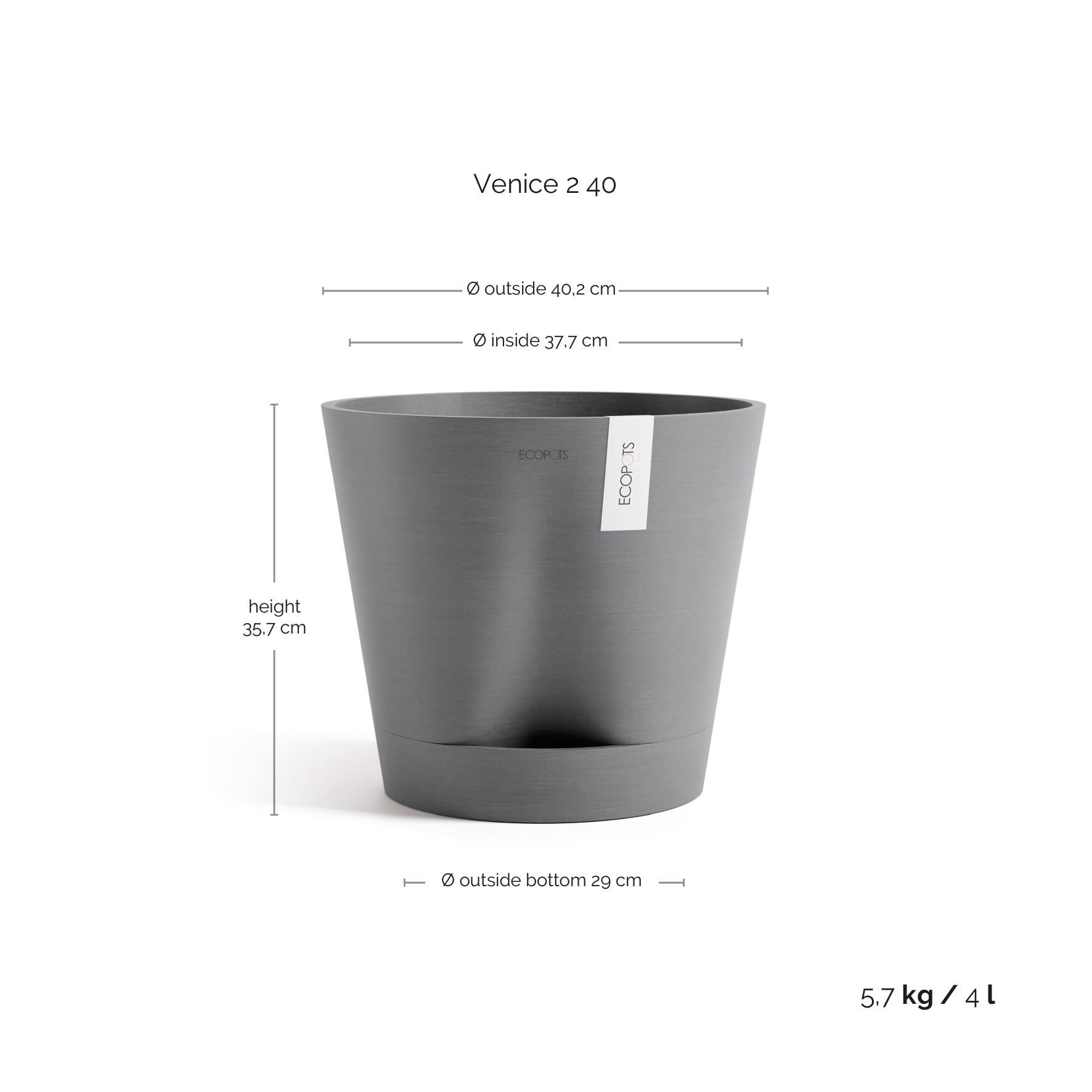 Kukkaruukku - Ecopots - Kukkaruukku Venetsia 2.0 40cm harmaa - Ecopots - Uuden aikakauden kukkaruukku kierrätysmateriaalista