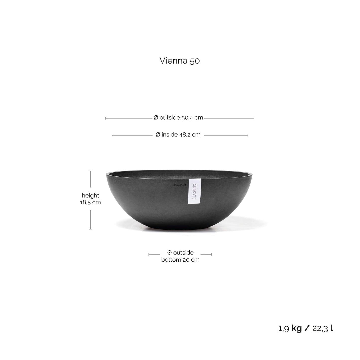 Kukkaruukku - Ecopots - Kukkaruukku Vienna 50cm tummanharmaa - Ecopots - Uuden aikakauden kukkaruukku kierrätysmateriaalista