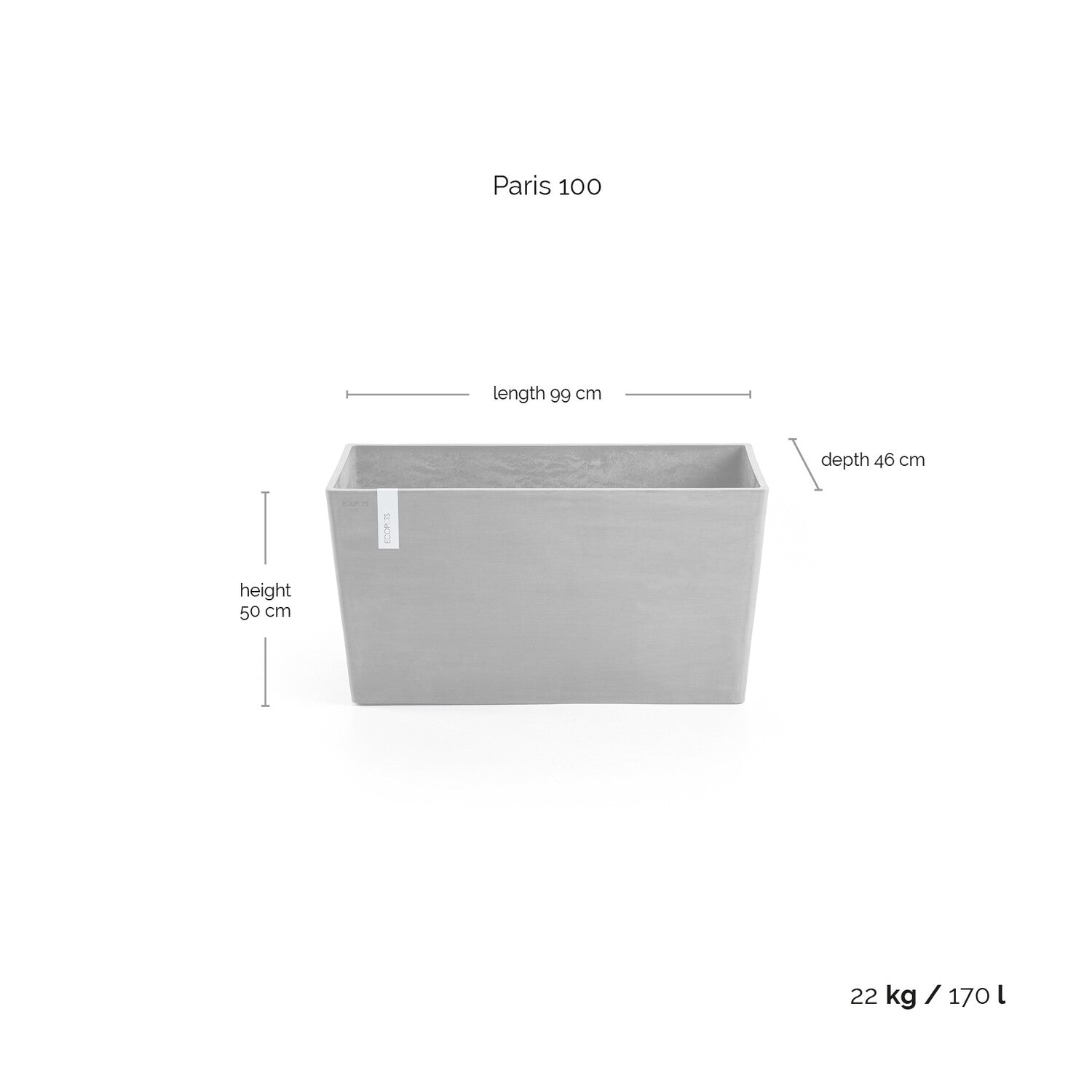 Kukkaruukku - Ecopots - Pariisi 100cm harmaa - Ecopotskauppa - Uuden aikakauden kukkaruukku