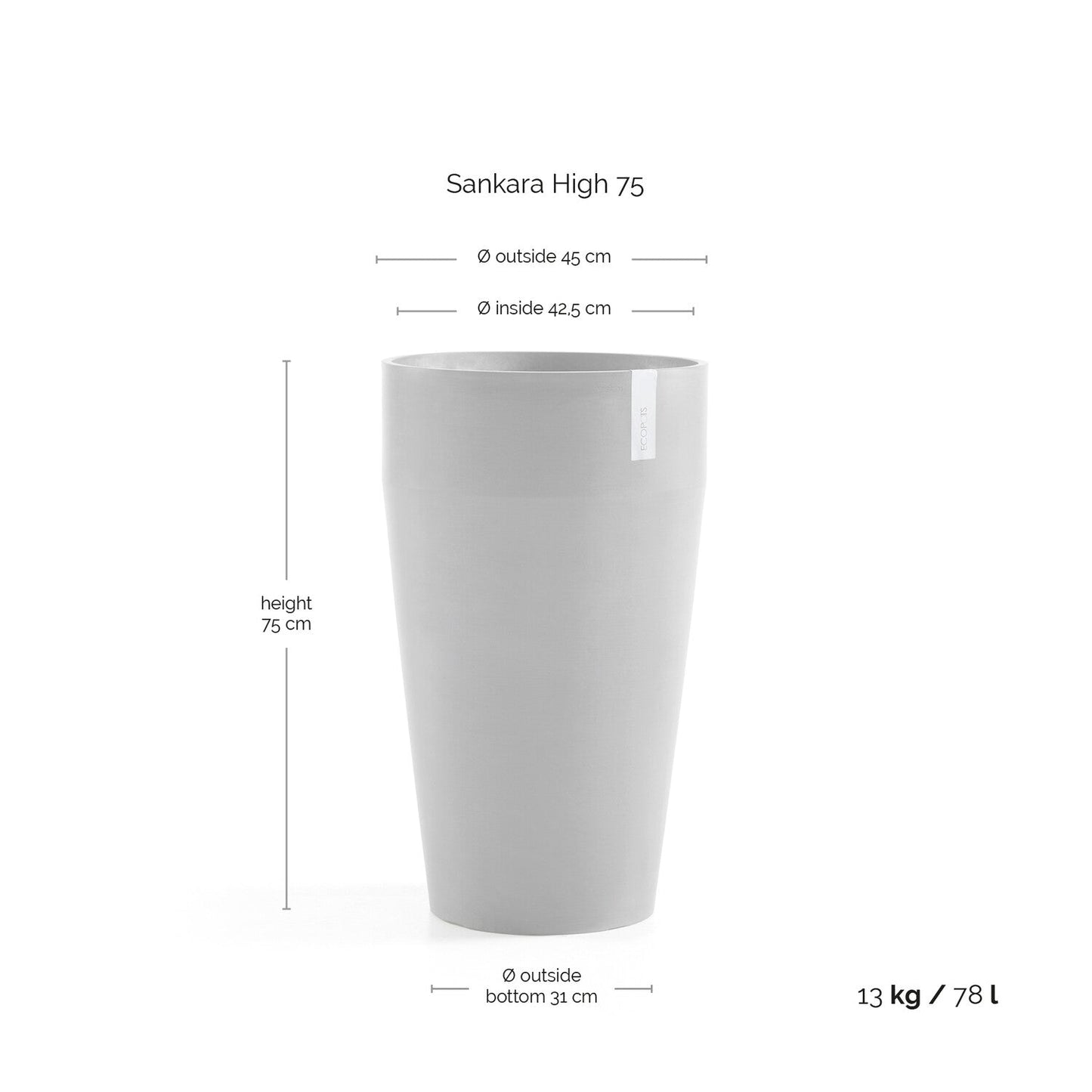 Kukkaruukku - Ecopots - Sankara korkea 75cm harmaa - Ecopotskauppa - Uuden aikakauden kukkaruukku