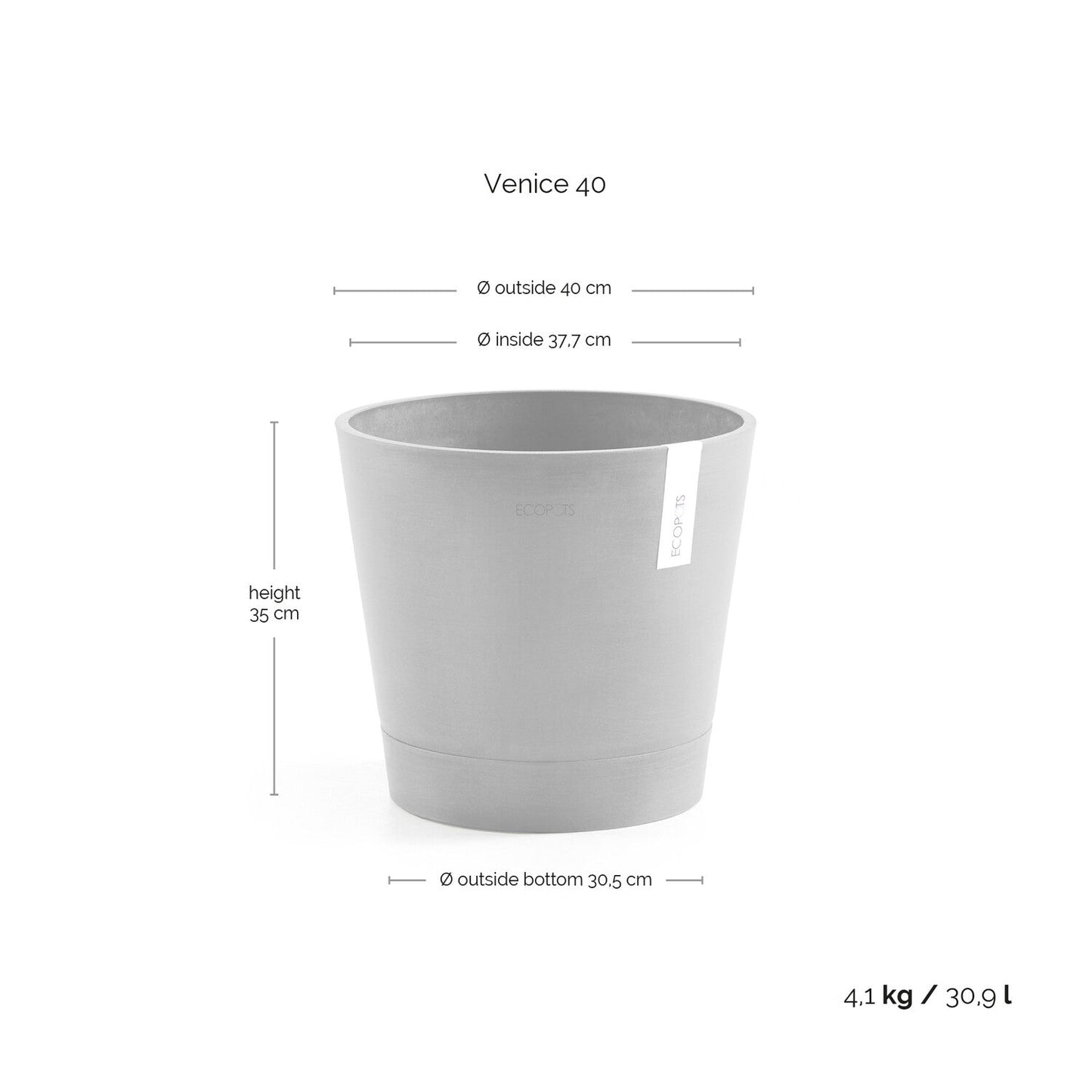 Kukkaruukku - Ecopots - Venetsia 40cm valkoharmaa - Ecopotskauppa - Uuden aikakauden kukkaruukku